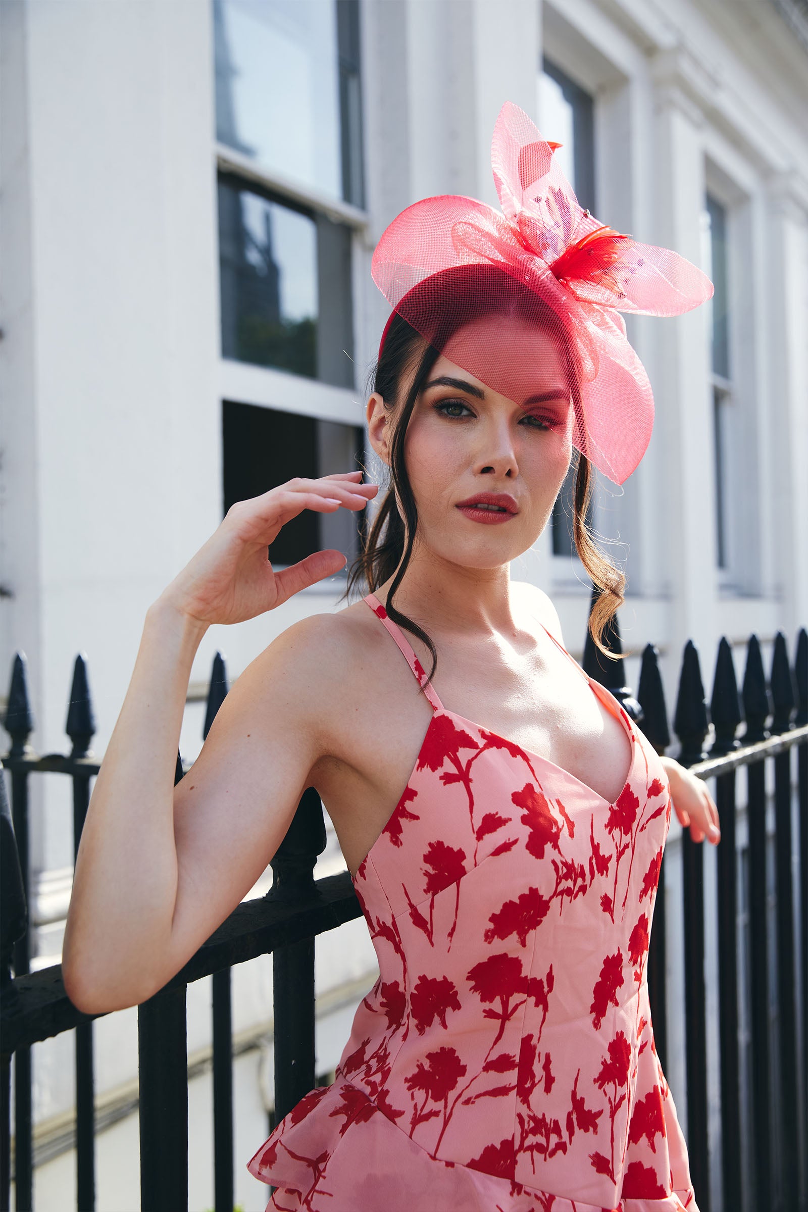 red dress and fascinator Outfit Inspiration for Kentucky Derby Day 2