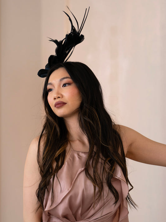 LYDIA STATEMENT FEATHER FASCINATOR BLACK